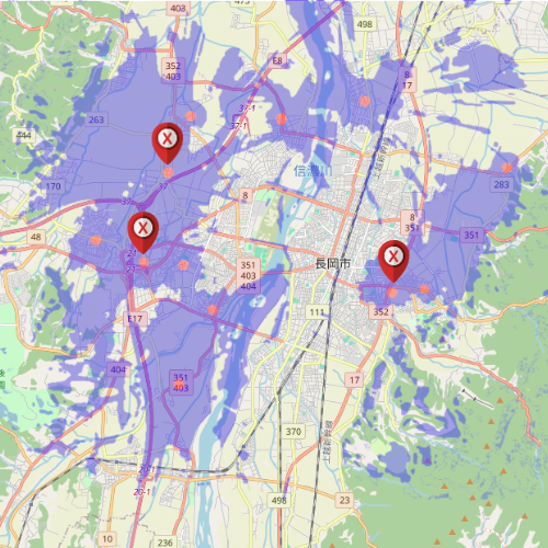 楽天モバイルの5G基地局（アンテナ）が稼働していない場所の地図